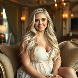 A cozy portrait of a voluptuous blonde woman, showcasing her soft features and warm smile