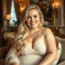A cozy portrait of a voluptuous blonde woman, showcasing her soft features and warm smile