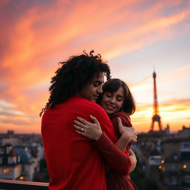 A heartwarming scene of a guy with tan skin and long curly black hair, wearing a vibrant red shirt, tenderly hugging a miniature brunette with a stylish bob haircut