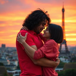 A heartwarming scene of a guy with tan skin and long curly black hair, wearing a vibrant red shirt, tenderly hugging a miniature brunette with a stylish bob haircut