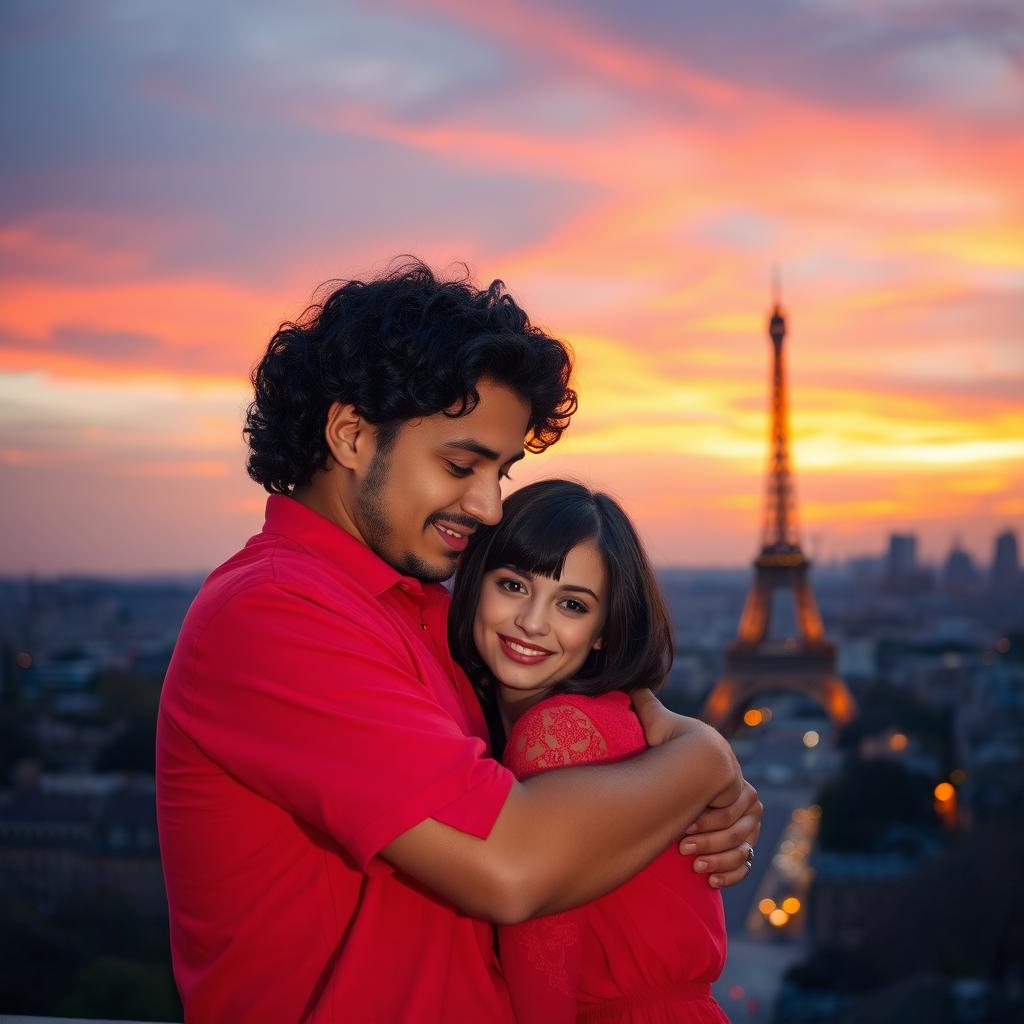 A heartwarming scene of a guy with tan skin and long curly black hair, wearing a vibrant red shirt, tenderly hugging a miniature brunette with a stylish bob haircut