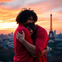 A heartwarming scene of a guy with tan skin and long curly black hair, wearing a vibrant red shirt, tenderly hugging a miniature brunette with a stylish bob haircut