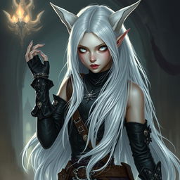 An androgynous Dungeons & Dragons changeling rogue with striking pure white eyes that have no iris or pupils, creating a captivating and mysterious look