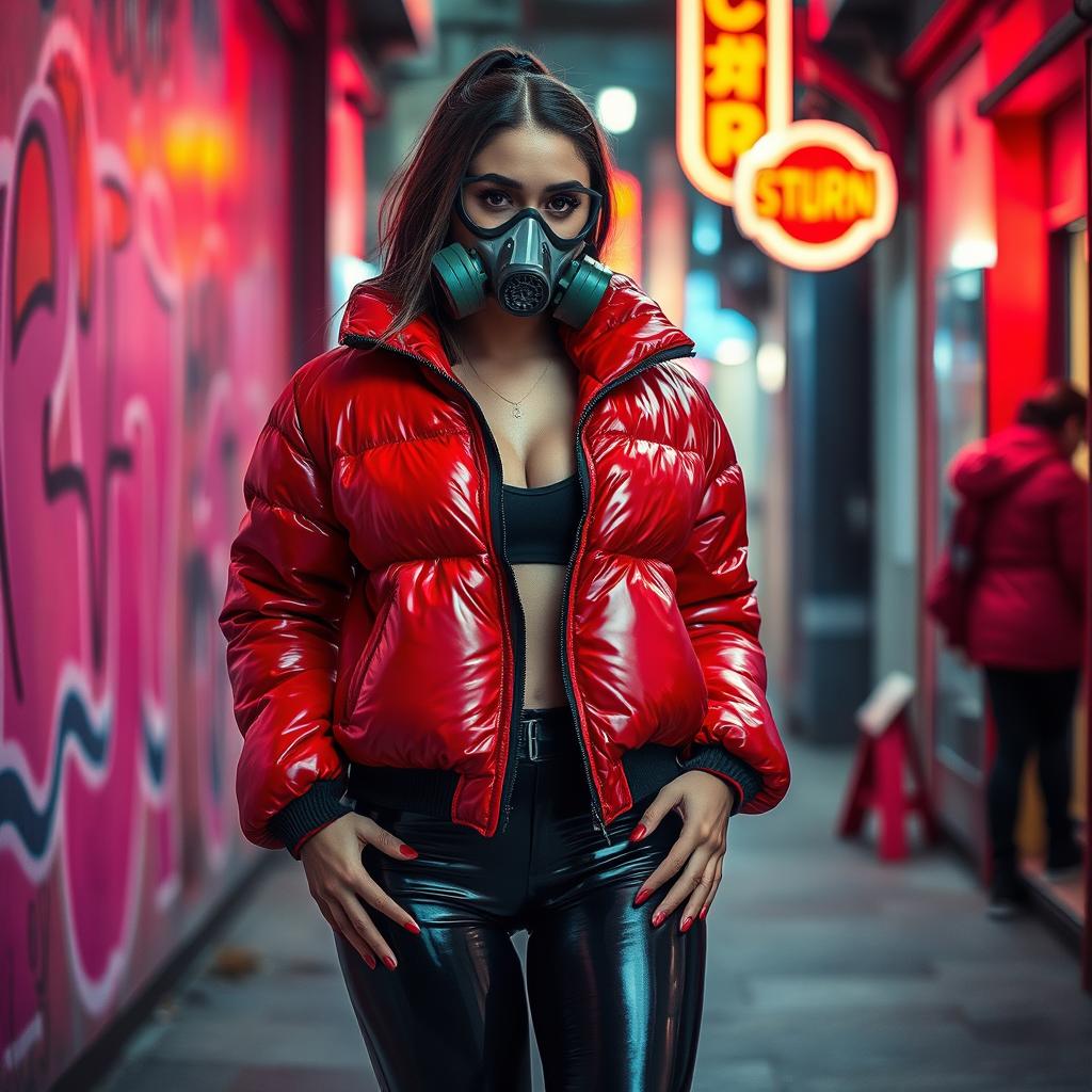 A hot slim girl with big boobs, confidently wearing a shiny red tight puffer jacket that accentuates her figure, paired with black latex leggings
