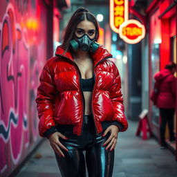 A hot slim girl with big boobs, confidently wearing a shiny red tight puffer jacket that accentuates her figure, paired with black latex leggings