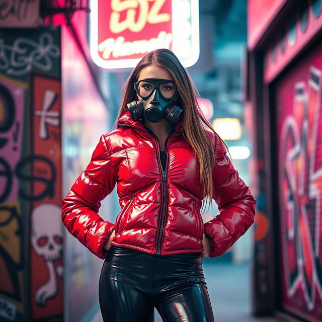 A hot slim girl with big boobs, confidently wearing a shiny red tight puffer jacket that accentuates her figure, paired with black latex leggings