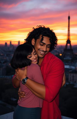 A warm and heartfelt scene of a man with tan skin and long, curly black hair wearing a vibrant red shirt, tenderly hugging a miniature brunette with a stylish bob haircut