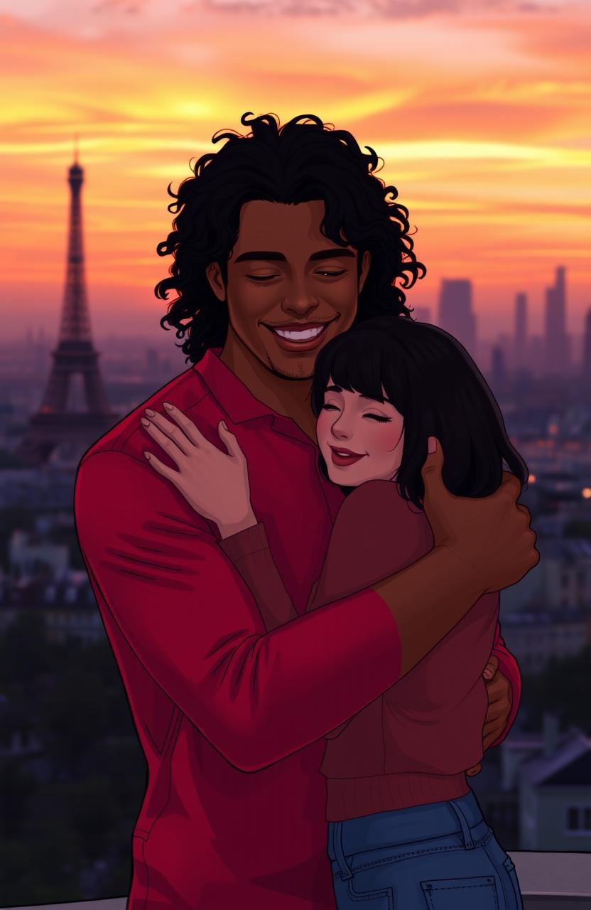 A warm and heartfelt scene of a man with tan skin and long, curly black hair wearing a vibrant red shirt, tenderly hugging a miniature brunette with a stylish bob haircut