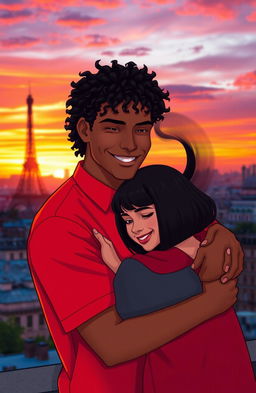 A warm and heartfelt scene of a man with tan skin and long, curly black hair wearing a vibrant red shirt, tenderly hugging a miniature brunette with a stylish bob haircut