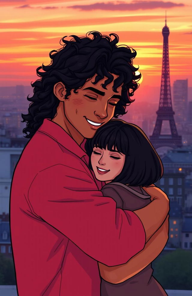 A warm and heartfelt scene of a man with tan skin and long, curly black hair wearing a vibrant red shirt, tenderly hugging a miniature brunette with a stylish bob haircut