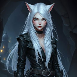 An androgynous Dungeons & Dragons changeling rogue featuring striking pure white eyes with no iris or pupils, lending an air of mystery and intrigue