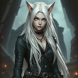 An androgynous Dungeons & Dragons changeling rogue featuring striking pure white eyes with no iris or pupils, lending an air of mystery and intrigue