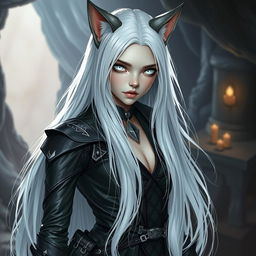 An androgynous Dungeons & Dragons changeling rogue featuring striking pure white eyes with no iris or pupils, lending an air of mystery and intrigue