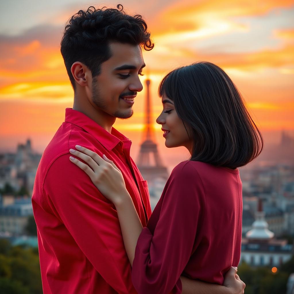 A charming scene featuring a guy with tan skin and long, curly black hair, dressed in a bright red shirt, gently embracing a miniature brunette with a chic bob haircut