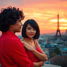 A charming scene featuring a guy with tan skin and long, curly black hair, dressed in a bright red shirt, gently embracing a miniature brunette with a chic bob haircut