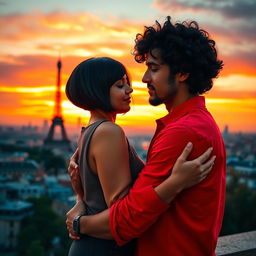 A charming scene featuring a guy with tan skin and long, curly black hair, dressed in a bright red shirt, gently embracing a miniature brunette with a chic bob haircut