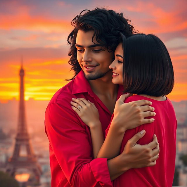 A charming scene featuring a guy with tan skin and long, curly black hair, dressed in a bright red shirt, gently embracing a miniature brunette with a chic bob haircut