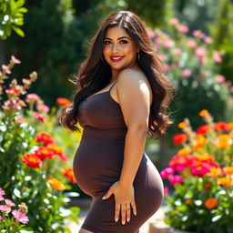 A full-body portrait of a voluptuous brunette woman, confidently posing in a stylish outfit that highlights her curves