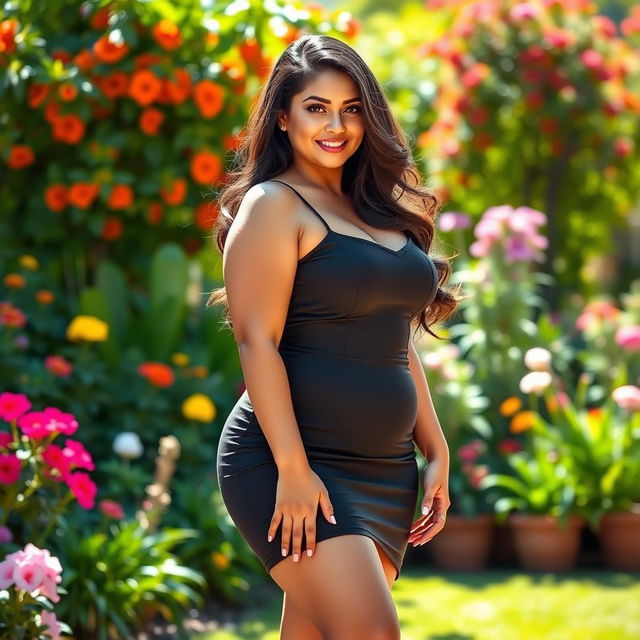 A full-body portrait of a voluptuous brunette woman, confidently posing in a stylish outfit that highlights her curves