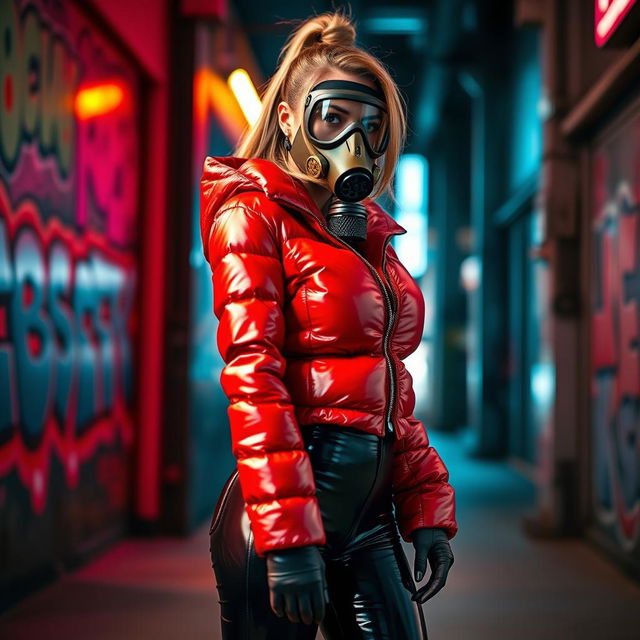A hot slim girl with big boobs, wearing a shiny red tight puffer jacket that highlights her curves, and sleek black latex leggings