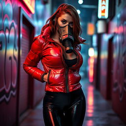 A hot slim girl with big boobs, wearing a shiny red tight puffer jacket that highlights her curves, and sleek black latex leggings