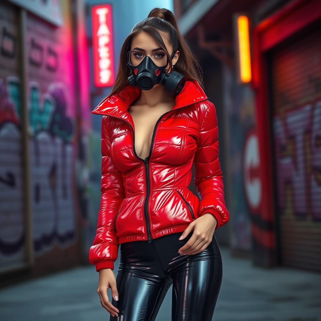 A hot slim girl with big boobs, wearing a shiny red tight puffer jacket that highlights her curves, and sleek black latex leggings