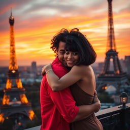 A beautiful scene depicting a guy with tan skin and long, curly black hair, wearing a bright red shirt, as he lovingly hugs a miniature brunette with a chic bob haircut