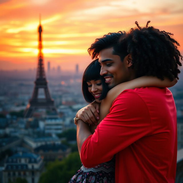 A beautiful scene depicting a guy with tan skin and long, curly black hair, wearing a bright red shirt, as he lovingly hugs a miniature brunette with a chic bob haircut