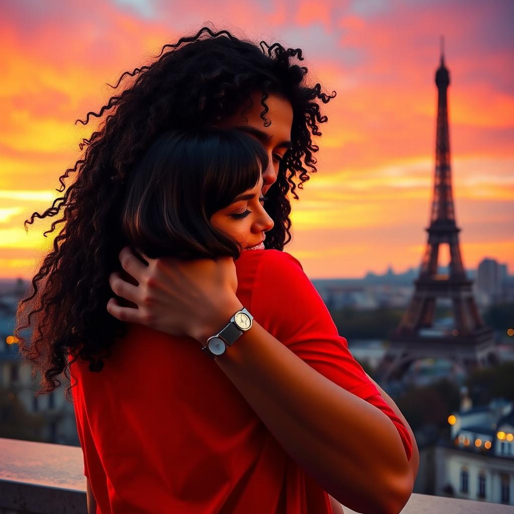 A beautiful scene depicting a guy with tan skin and long, curly black hair, wearing a bright red shirt, as he lovingly hugs a miniature brunette with a chic bob haircut