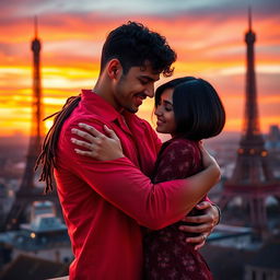 A beautiful scene depicting a guy with tan skin and long, curly black hair, wearing a bright red shirt, as he lovingly hugs a miniature brunette with a chic bob haircut