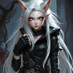 An androgynous Dungeons & Dragons changeling rogue with mesmerizing pure white eyes featuring no iris or pupils, enhancing their enigmatic appearance
