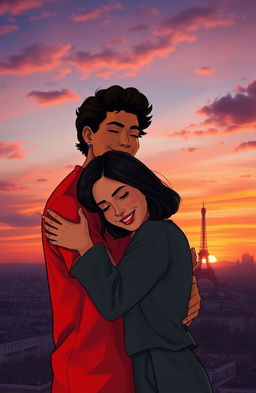 A warm and affectionate scene depicting a young man with tan skin and long curly black hair wearing a vibrant red shirt, gently hugging a petite brunette with a stylish bob haircut