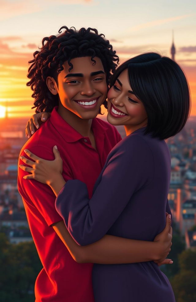 A warm and affectionate scene depicting a young man with tan skin and long curly black hair wearing a vibrant red shirt, gently hugging a petite brunette with a stylish bob haircut