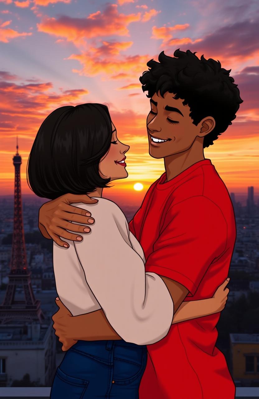 A warm and affectionate scene depicting a young man with tan skin and long curly black hair wearing a vibrant red shirt, gently hugging a petite brunette with a stylish bob haircut
