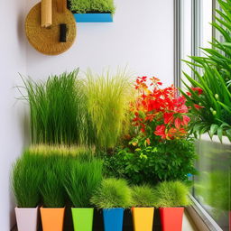 A cozy balcony space covered with aritificial grass and decorated with multi-coloured flower pots. Add various cool and creative elements to make the space more inviting and lively.