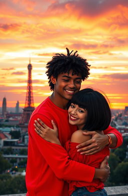 A warm and affectionate scene depicting a young man with tan skin and long curly black hair wearing a vibrant red shirt, gently hugging a petite brunette with a stylish bob haircut