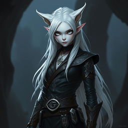 An androgynous Dungeons & Dragons changeling rogue with striking pure white eyes devoid of iris and pupils, creating a captivating yet eerie gaze