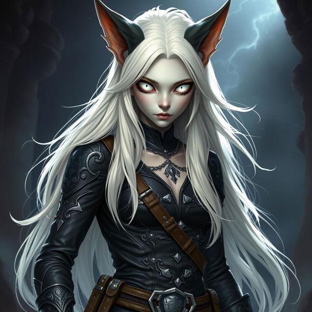 An androgynous Dungeons & Dragons changeling rogue with striking pure white eyes devoid of iris and pupils, creating a captivating yet eerie gaze