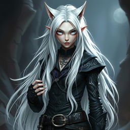 An androgynous Dungeons & Dragons changeling rogue with striking pure white eyes devoid of iris and pupils, creating a captivating yet eerie gaze