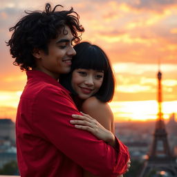 A heartwarming scene featuring a young man with tan skin and long curly black hair dressed in a bold red shirt, embracing a charming miniature brunette with a chic bob haircut