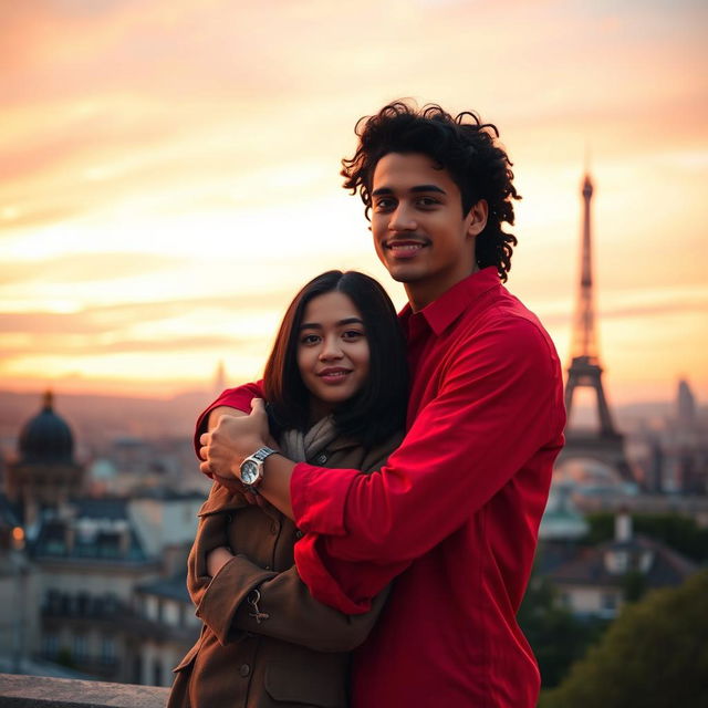 A heartwarming scene featuring a young man with tan skin and long curly black hair dressed in a bold red shirt, embracing a charming miniature brunette with a chic bob haircut