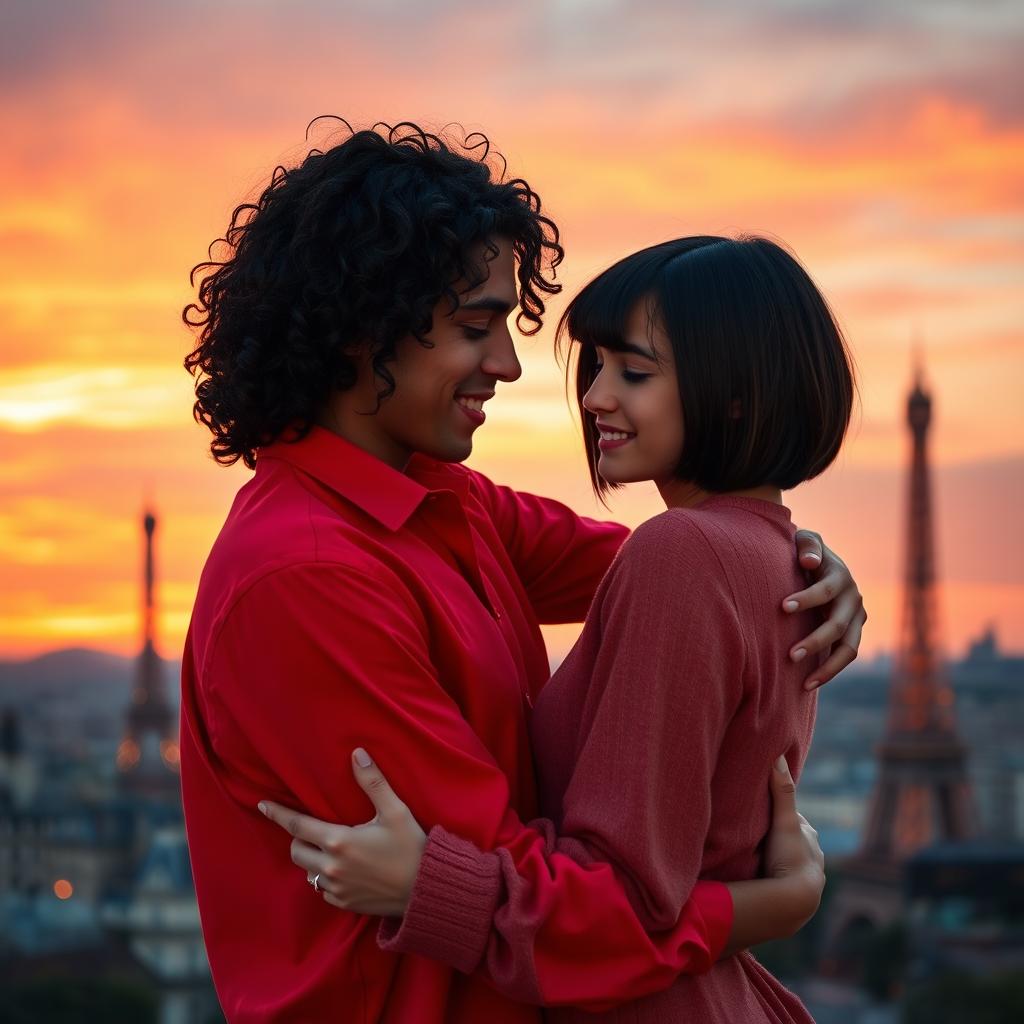 A heartwarming scene featuring a young man with tan skin and long curly black hair dressed in a bold red shirt, embracing a charming miniature brunette with a chic bob haircut