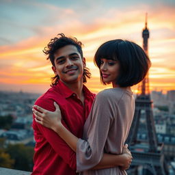 A heartwarming scene featuring a young man with tan skin and long curly black hair dressed in a bold red shirt, embracing a charming miniature brunette with a chic bob haircut