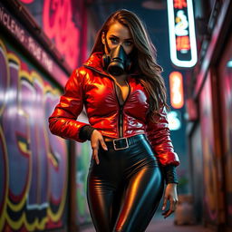 A hot slim girl with big boobs, exuding confidence in a shiny red tight puffer jacket that hugs her curves perfectly, and fitted black latex leggings that enhance her sleek physique