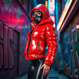 A hot slim girl with big boobs, exuding confidence in a shiny red tight puffer jacket that hugs her curves perfectly, and fitted black latex leggings that enhance her sleek physique