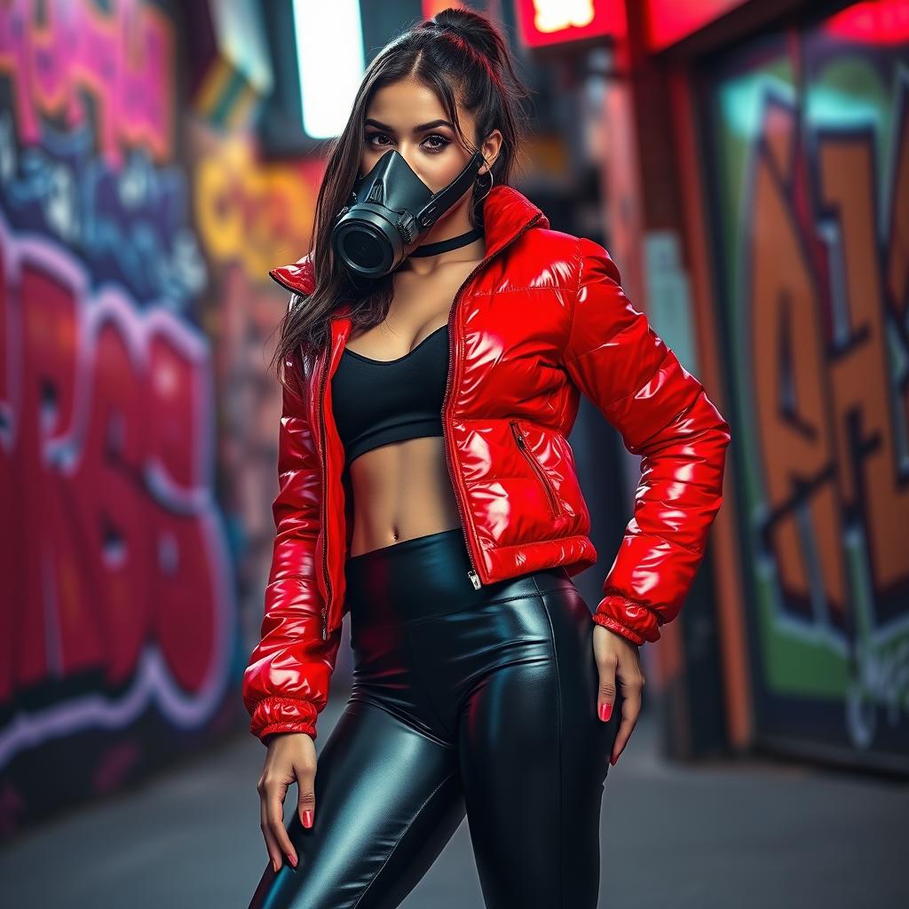 A hot slim girl with big boobs, exuding confidence in a shiny red tight puffer jacket that hugs her curves perfectly, and fitted black latex leggings that enhance her sleek physique
