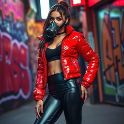 A hot slim girl with big boobs, exuding confidence in a shiny red tight puffer jacket that hugs her curves perfectly, and fitted black latex leggings that enhance her sleek physique