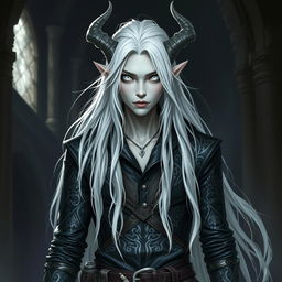 An androgynous male Dungeons & Dragons changeling rogue with striking pure white eyes that are completely devoid of iris and pupils, giving him an eerie yet captivating gaze