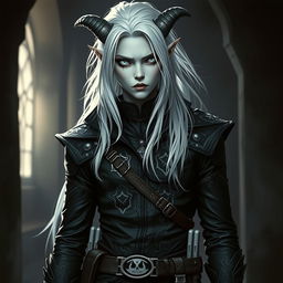 An androgynous male Dungeons & Dragons changeling rogue with striking pure white eyes that are completely devoid of iris and pupils, giving him an eerie yet captivating gaze