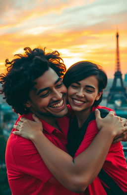 A guy with tanned skin and long, curly black hair is joyfully hugging a miniature brunette with a stylish bob haircut